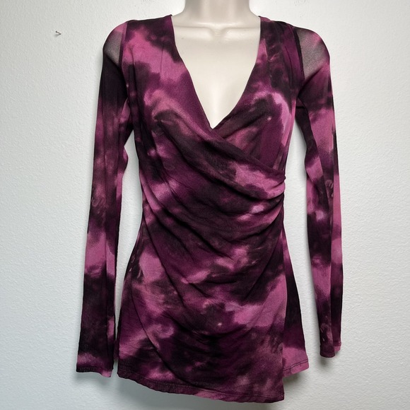 INC International Concepts Tops - VTG 90s y2k Women Faux Wrap Babydoll Top Medium Burgundy Nylon Knit Whimsigoth